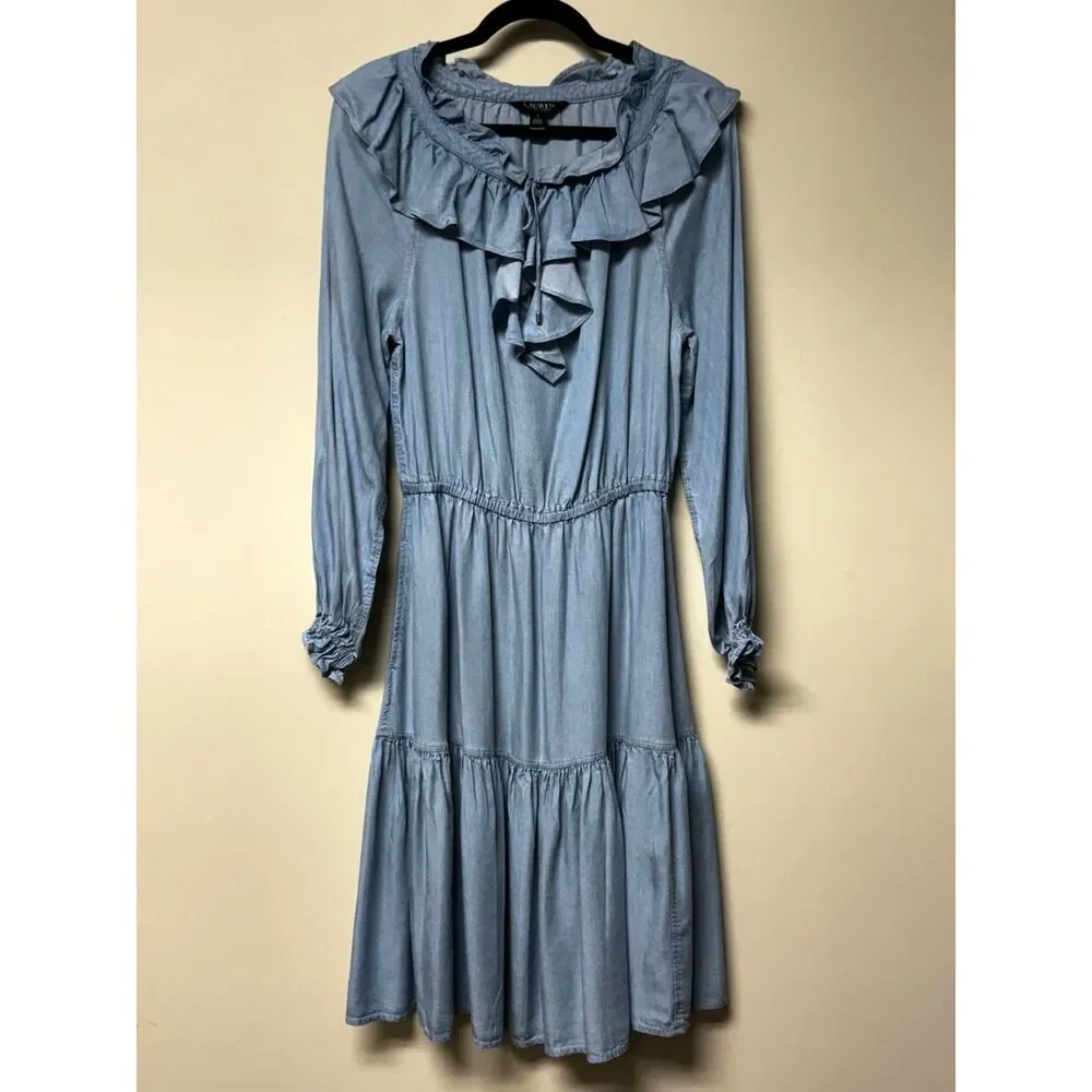 NWOT - Lauren Ralph Lauren Chambray Ruffle Keyhole Tie Front Midi Dress, Sz 2